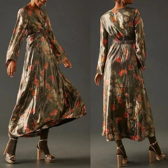 Anthropologie Caballero Deep V-Neck Maxi Dress Size Medium Shimmery Fall Floral - Picture 1 of 15